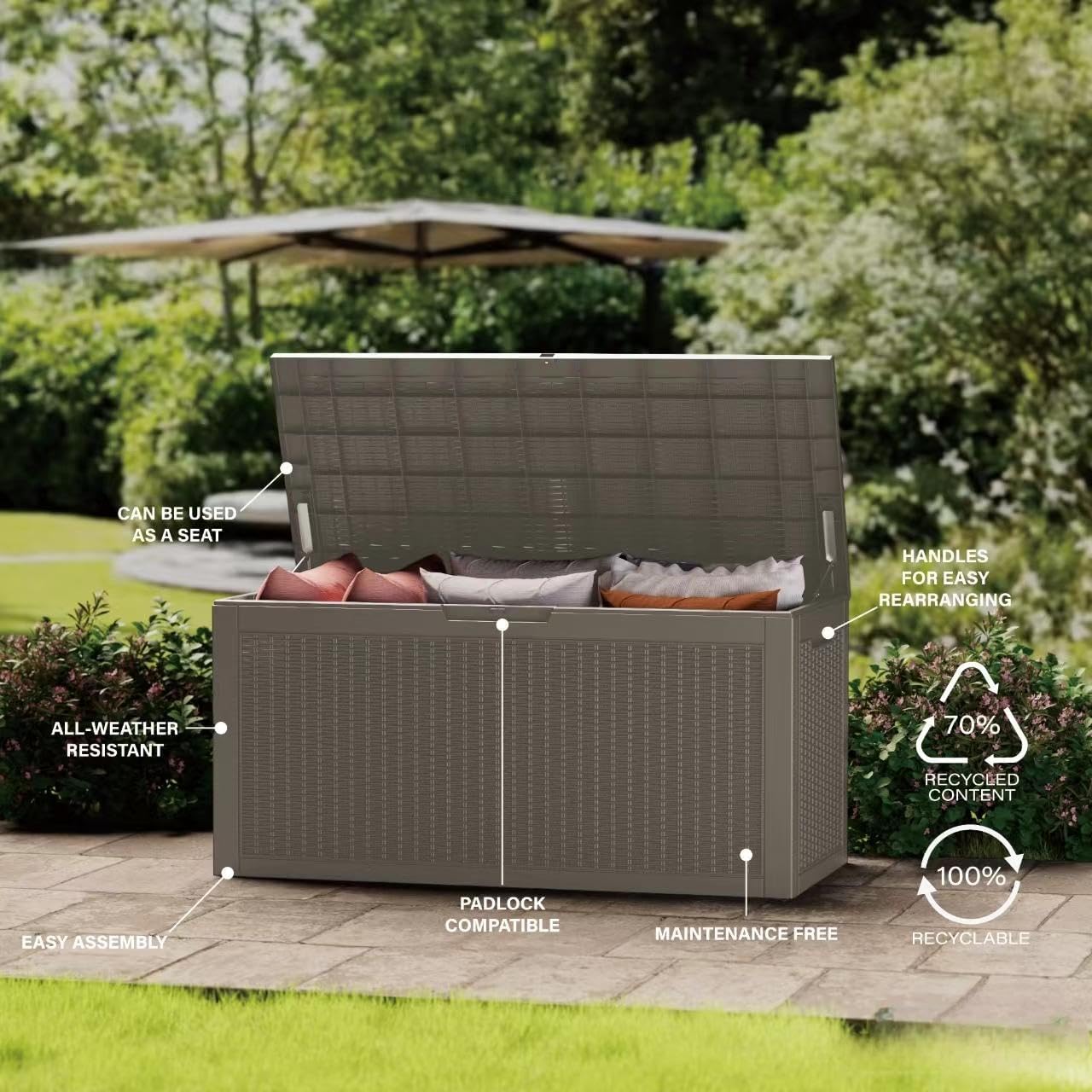 100 Gallon Outdoor Storage Box Waterproof Lockable Resin Deck Box Large, Patio Storage Bin for Pool Accessories Cushion Furniture, Garden Tools, UV-Resistant Outside Delivery Grey