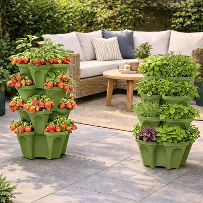 Vertical Garden Planter 4 Tier Stackable System 16 Plants, Space Saving Herb, Strawberry & Food Crop Planter with Center Support Hole for Indoor Outdoor Gardening (4, Sagebrush Green, Small)