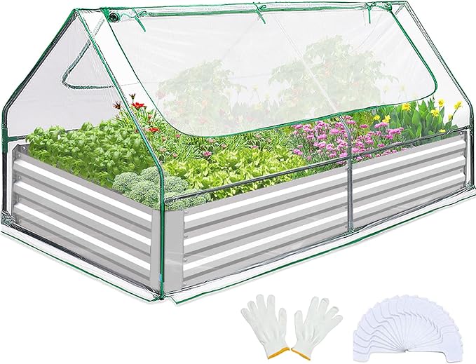 Quictent Raised Garden Bed with Cover Outdoor Galvanized Metal Planter Box Kit, w/ 2 Large Screen Windows Mini Greenhouse 20pcs T Tags 1 Pair of Gloves Included for Growing Vegetables 6x3x1ft (Clear)