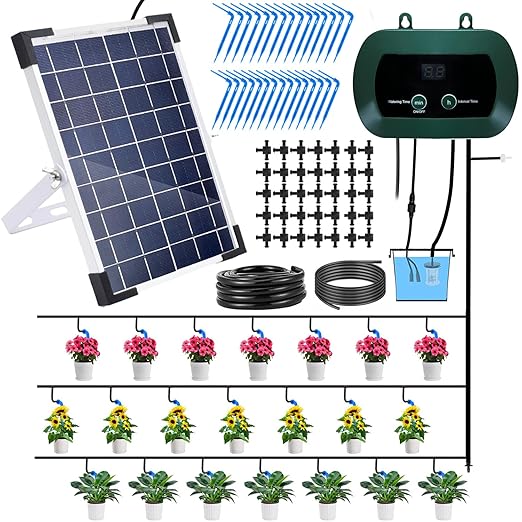 Lewisia 5W Solar Drip Irrigation System with Timer Auto Watering Kit for Garden Raised Beds Patio Lawn Greenhouse Up to 30 Plants