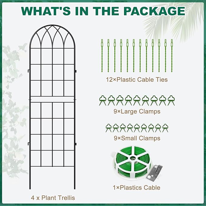 4 Pack Metal Garden Trellis for Climbing Plants, 71 Inch Black Metal Garden Trellis for Vines Plant Rose Vegetable Support,Large Decorative Outdoor Trellis