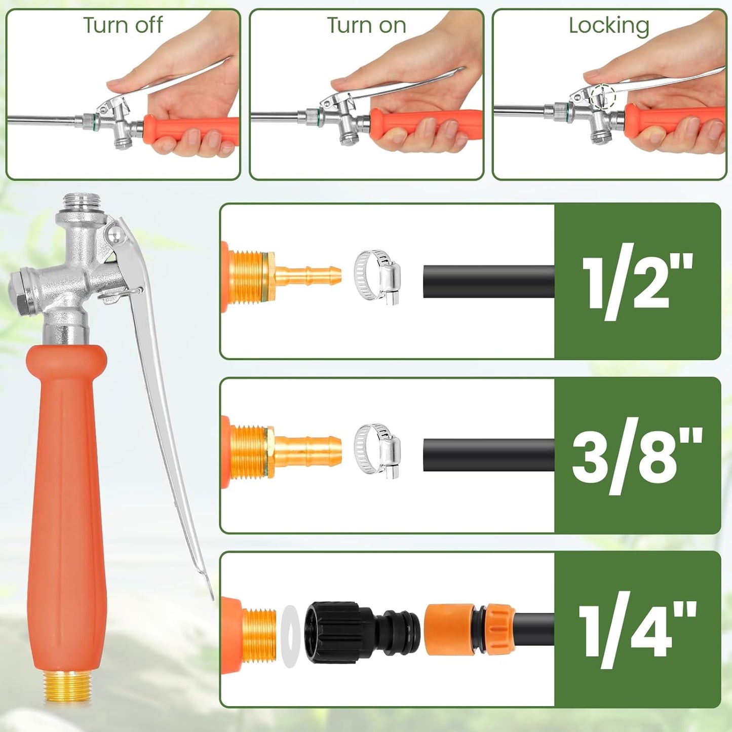 36" All Metal Replacement Sprayer Wand, Suitable for 1/2" Hose Quick Connector, 1/4" & 3/8" & 1/2" Brass Barb Spray Wand, Built-in Shut Valve Stainless Steel Spray Wand