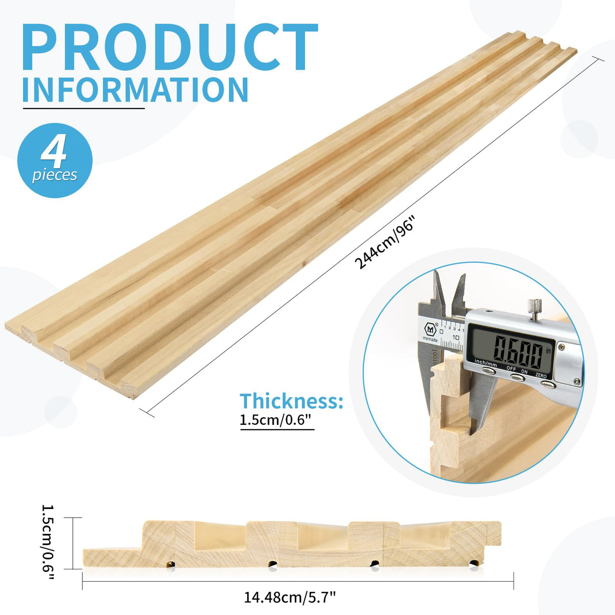 4 Pc 96"x5.7" Wood Slat Wall Panel for Interior (96 x 5.7 Inch / Slat Natural Wood)