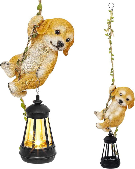 Solar Hanging Dog Statue, Outdoor Resin Golden Retriever Dog Figurine with LED Lights, Puppy Animal Ornament for Garden, Fence, Porch, Patio, Yard Decor, Dusk to Dawn Auto On/Off