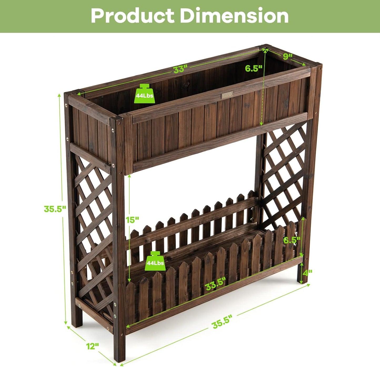 S AFSTAR 2-Tier Raised Garden Bed, Indoor Outdoor Flower Bed with Bottom Shelf Fence, 35.5” H Wood Elevated Planter Box for Vegetable Flower Herb Succulent, Ideal for Patio Balcony Backyard