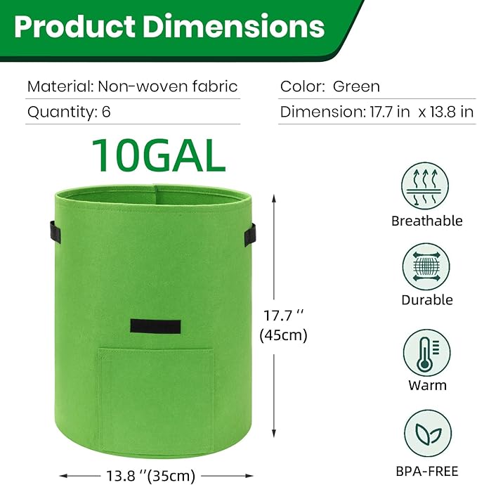 6 Pack Potato Grow Bags, 10 Gallon Planting Bags Large Fabric Pots with Flap Window Vegetable Planter Garden Pot Tall Potato Growing Containers with Handles for Vegetables, Fruits and More, Green