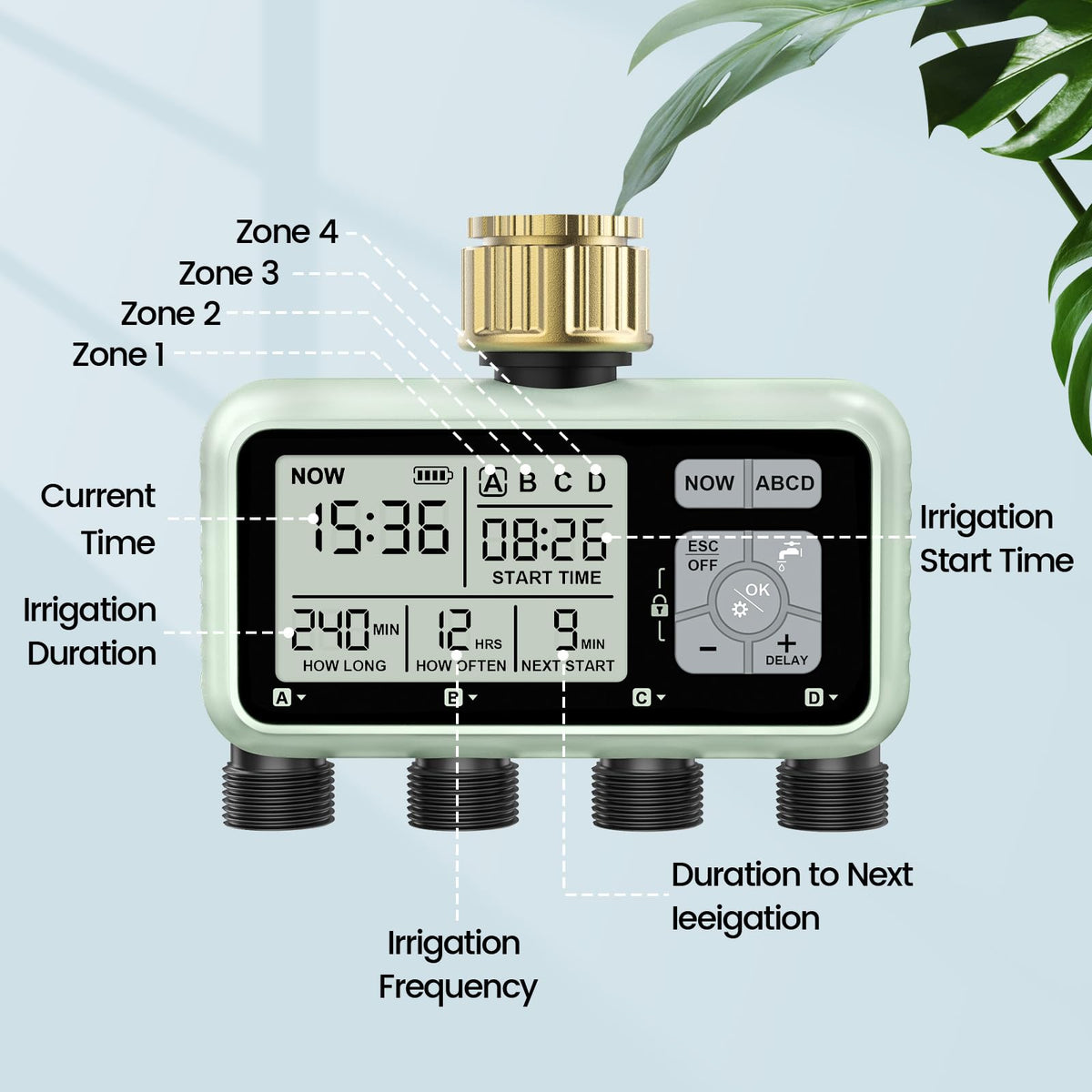 Watering Timer 4 Zone with with Brass Inlet (4 Outlets with Brass Inlet)