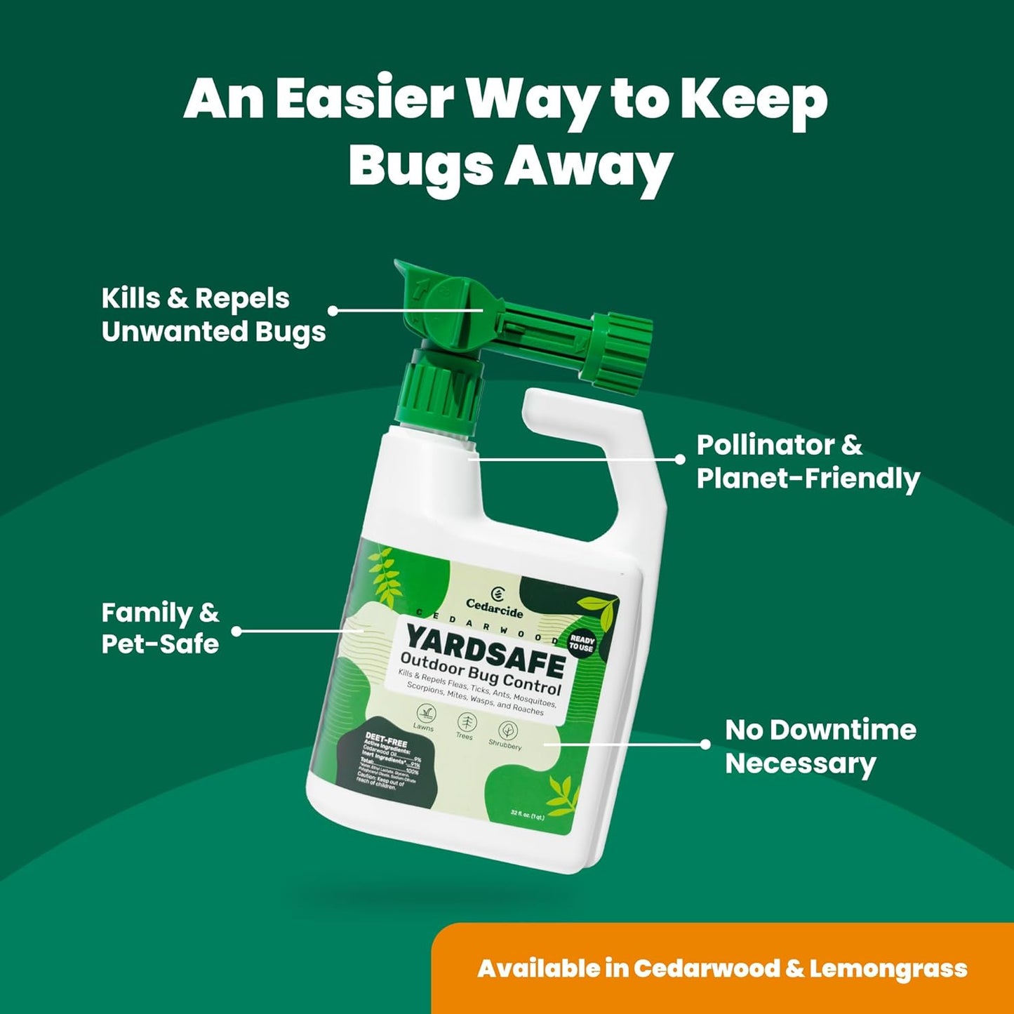 Cedarcide YardSafe | Kills & Repels Mosquitoes, Ticks, Fleas, Mites & More with Natural Essential Oils | Family & Pet-Safe | Eco-Friendly | 1 Quart (32 Oz.)