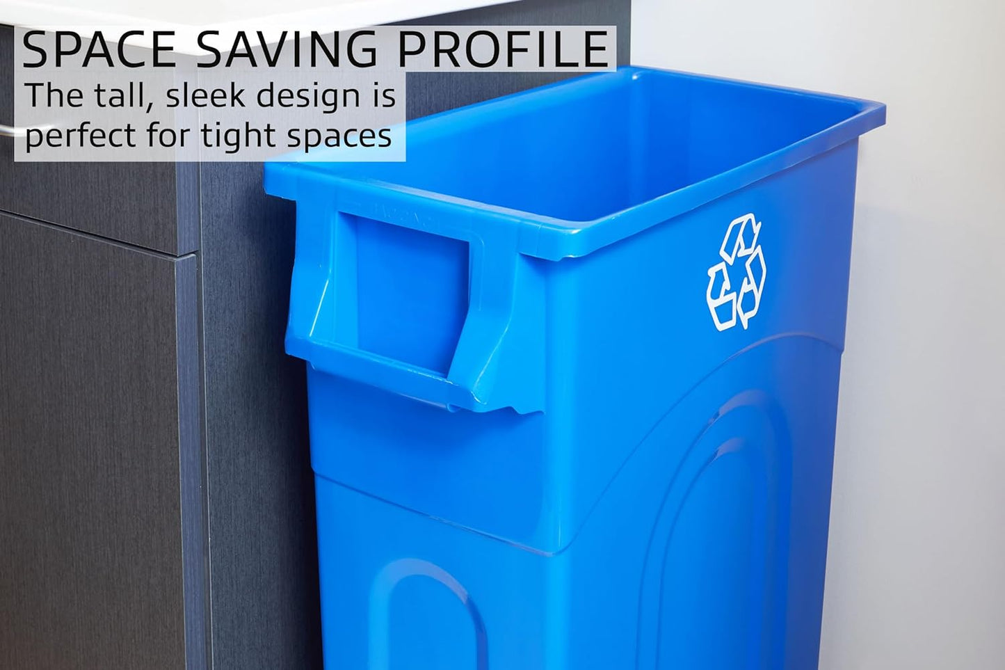 United Solutions Highboy Recycling Bin, 23 Gallon, Space Saving Slim Profile and Easy Bag Removal, Indoor or Outdoor Use, Integrated Handles for Easy Carrying, 4-Pack, Recycle Blue