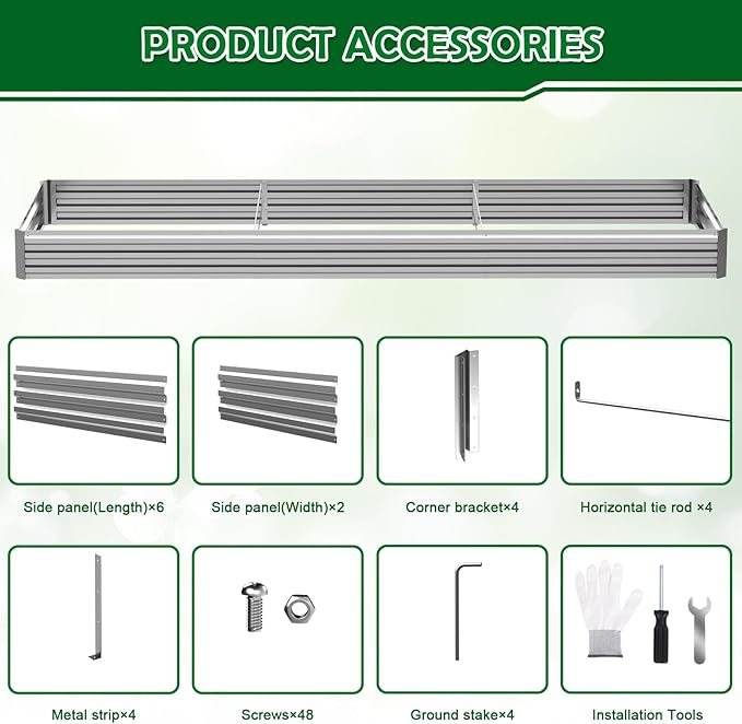 12x4x1FT Galvanized Raised Garden Bed Outdoor Patio, Large Rectangular Metal Planter Boxes,Plant Container Kit for Gardening, Vegetables, Flowers, Herbs,Silver,1 Pack