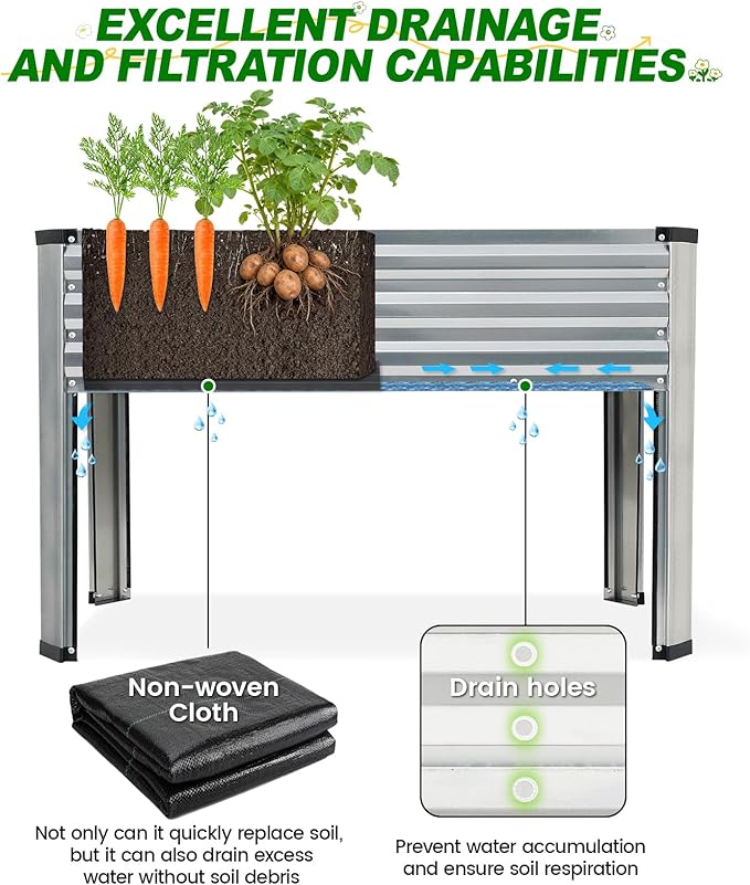 Galvanized Raised Garden Bed with Legs, 48x24x32in Elevated Raised Garden Bed Outdoor with Drainage Holes, Planter Boxes for Gardening Vegetable Flower Fruit in Backyard, Patio, Balcony (Silver)