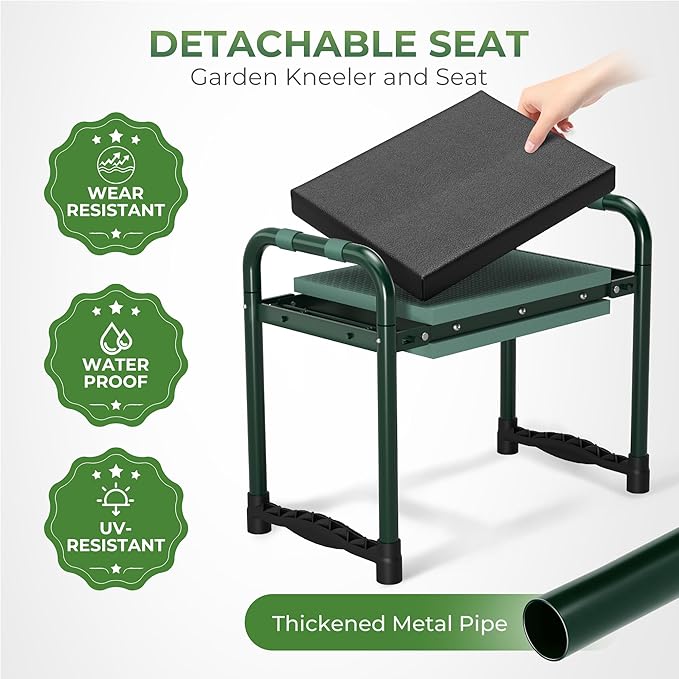 Walensee Foldable Garden Kneeler and Seat with Cross-Body Tool Bag & Removable Tool Pouch, Heavy Duty Garden Stool with Soft Leather Kneeling Pad, No Assembly, Ideal Gardening Gift for Women & Men