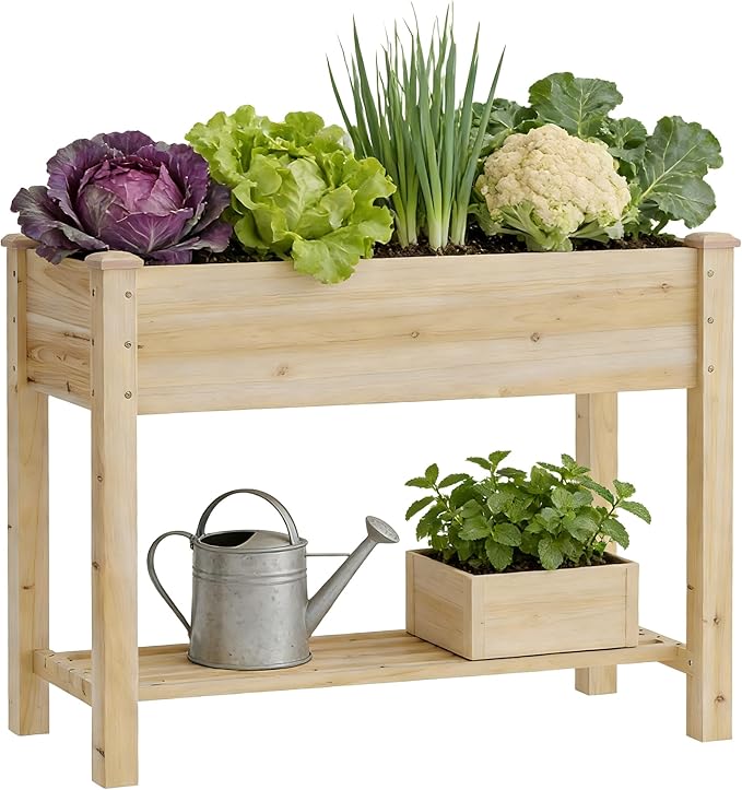 Wooden Raised Garden Bed with Legs, Wood Raised Garden Bed with Storage Shelf, 34x18x30.7in, Elevated Planter Box for Vegetables Flowers Herbs, Garden Planter for Backyard Patio Balcony (Natural, S)