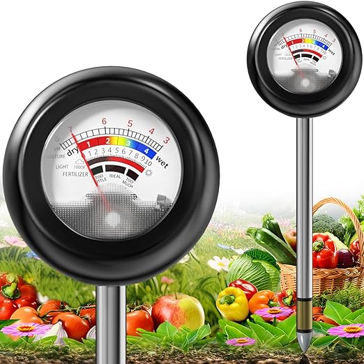 4-in-1 Soil Tester, Battery Free Plant Moisture Meter with PH/Moisture/Light Test/Fertilizer, Soil PH Meter for Garden, Lawn, Potted Plants, Farm (90° Rotation)