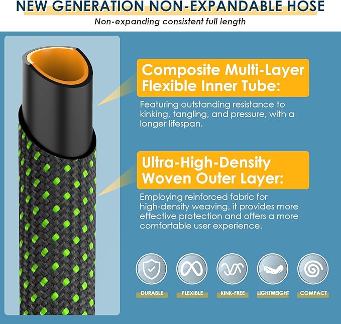 Non-Expandable Garden Hose 75 FT, Lightweight Hose with 10 Function Spray Nozzle, Kink-Free Flexible Water Hose, Durable, Leak-Proof, 360° Swivel Connectors, Portable Storage Strap