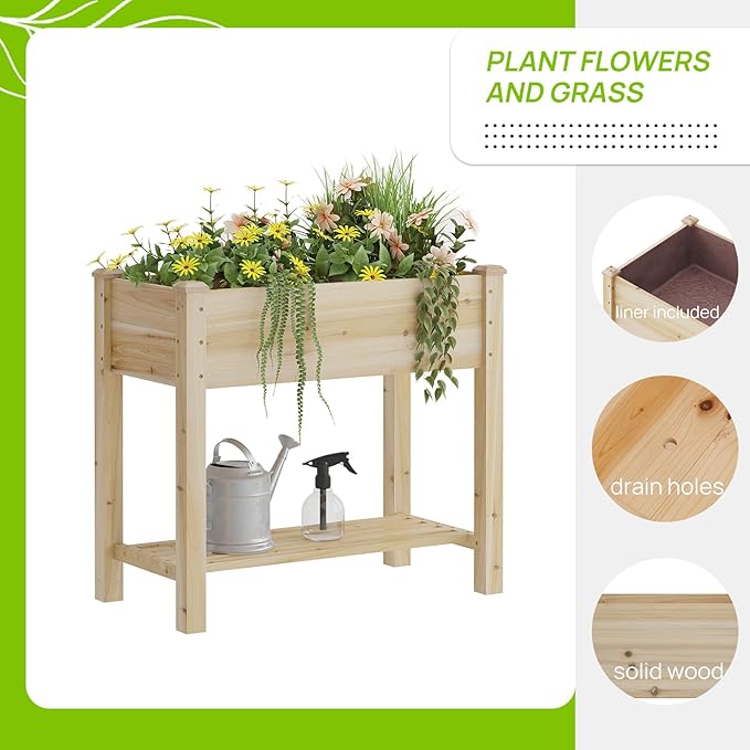 Wooden Raised Garden Bed with Legs, Wood Raised Garden Bed with Storage Shelf, 34x18x30.7in, Elevated Planter Box for Vegetables Flowers Herbs, Garden Planter for Backyard Patio Balcony (Natural, S)