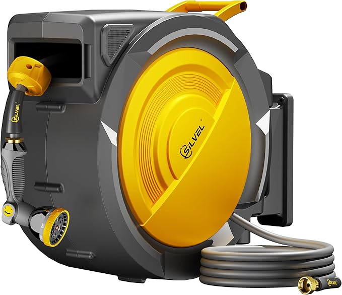 SILVEL Retractable Garden Hose Reel – 5/8 in x 110FT Heavy Duty Automatic Hose Reel Wall Mounted, UV Resistant with 10 Pattern Nozzle, Any Length Lock & Slow Return System, 180°Swivel Bracket, Yellow