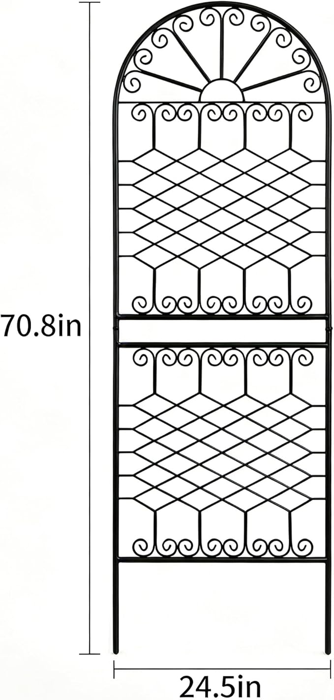 SCENDOR 70.8" H x 24.5" W Heavy-Duty Iron Garden Trellis, Arched Decorative Plant Support with Scrollwork, Rustproof Metal Trellis for Climbing Roses, Clematis, and Vines, for Lawn 1 Pack