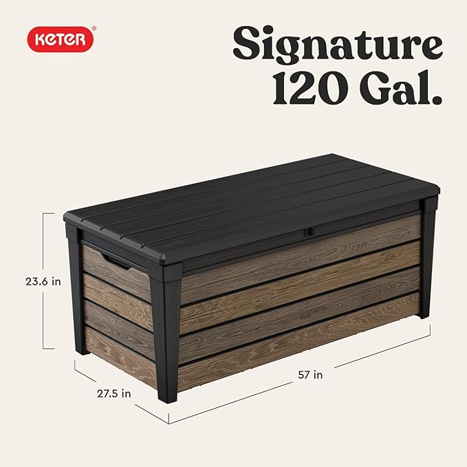 Keter Everwood 120 Gallon Resin Signature Collection Large Outdoor Storage Box for Patio Furniture, Outdoor Cushions, Garden Tools and Pool Gear, Walnut