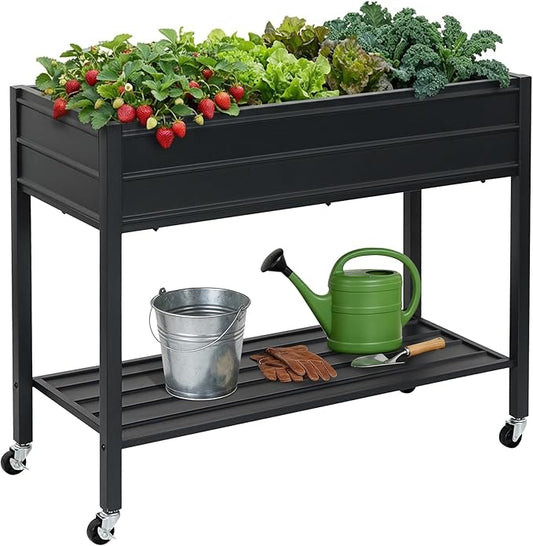 ZORMY 32" Tall Galvanized Raised Garden Bed with Legs Wheels & Shelf, Elevated Planter Box Outdoor for Vegetables, Herbs & Flowers, Patio & Backyard, Garden Bed with 400lb Capacity，Black