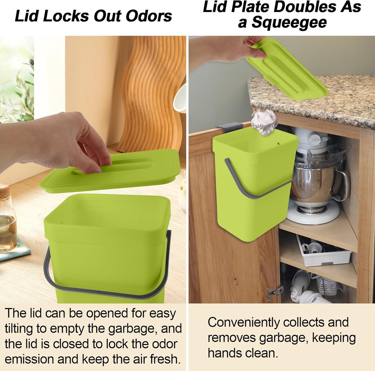 Compost Bin Kitchen, for use on Countertops or Under Sinks, Hanging Trash Can with Lid, for Cupboard/Bathroom/Bedroom/Office/Camping, Mountable Indoor Compost Bucket(Green 0.8 Gallon/3L)