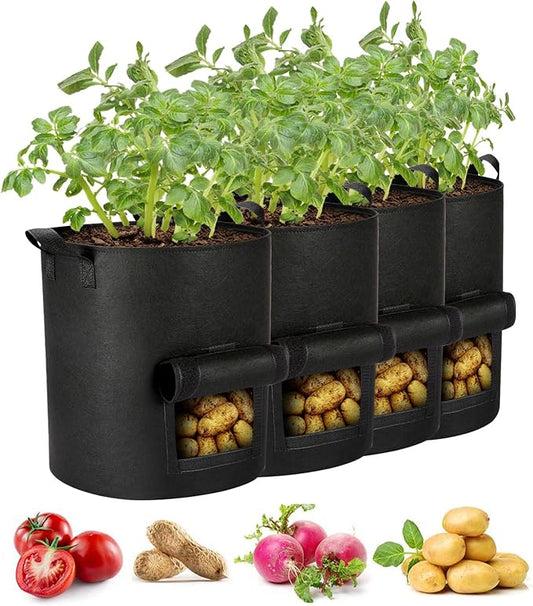 4 Packs 10 Gallon Potato Grow Bags, Heavy Duty Nonwoven Fabric Pots with Handles for Planting Vegetables, Flowers