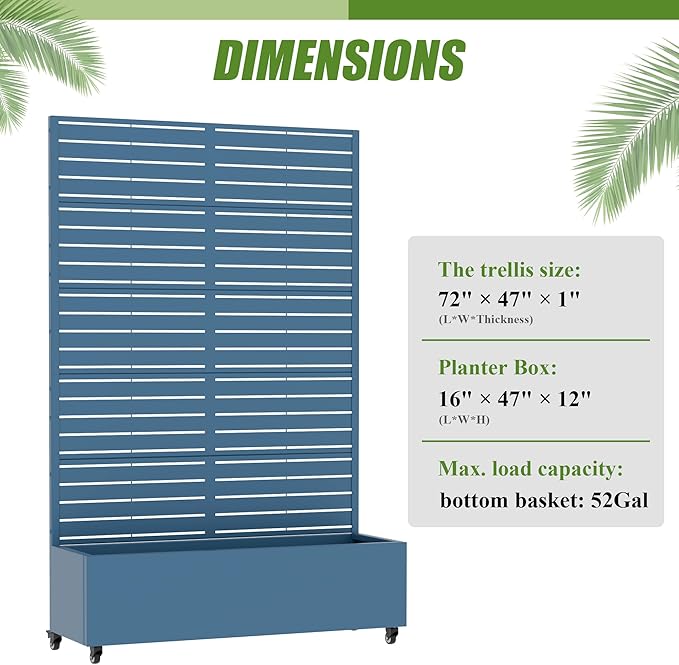 Casaphoria Metal Raised Garden Bed with Trellis and Wheels, 72"x47"x16" Planter Box for Climbing Plants, Vegetables & Vines, Features Drainage Holes and Privacy Screen, Blue-Louvered