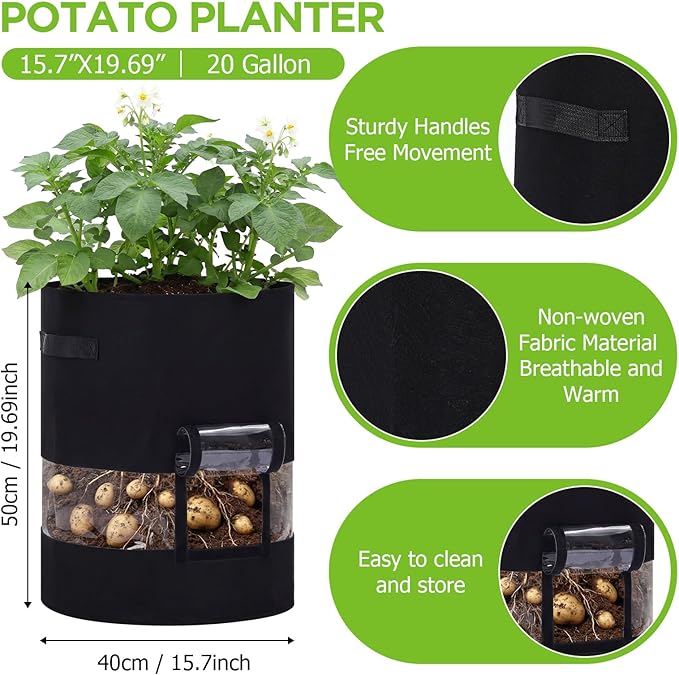 Baderke 4 Pack Visible Potato Grow Bags with Harvest Window, 360 Visibility Plant Grow Bags with Handles for Planting Potatoes, Tomatoes and Vegetables (20 Gallon,Black)