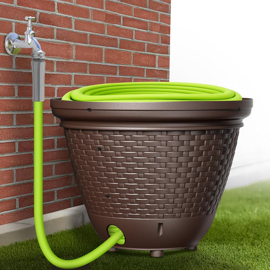 Riokko Garden Hose Holder Pot, Decorative Wicker Hose Holder, Water Hose Storage for Outside/Garage, Hose Box Fits 100-400 FT Hoses with 5 Drain Holes, Large Capacity & Assembly Required, Java