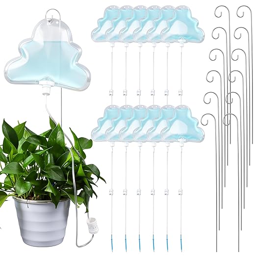 Zhengmy 12 Pcs Cloud Plant Drip Irrigation Self Watering Devices with Flow Regulator, Automatic Plant Watering System with 500ml Drip Water Bag and Support Rod Stake for Potted Indoor Outdoor Waterer