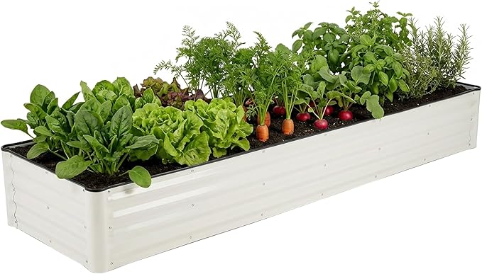 Galvanized Raised Garden Bed – 1 Pack 8x2x1 Ft Patented Leak-Proof Planter Box Outdoor Gardening Metal Raised Garden Beds Kits for Veggies, Herbs & Flowers (White)