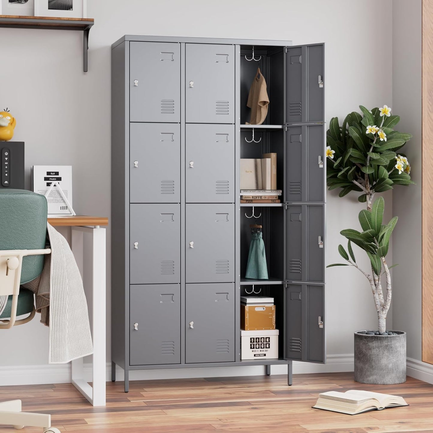 Aobabo 12 Doors Metal Storage Locker for Employees, Storage Locker with Name Card Slot for School Office Gym Bedroom, Dark Grey, Assembly Required