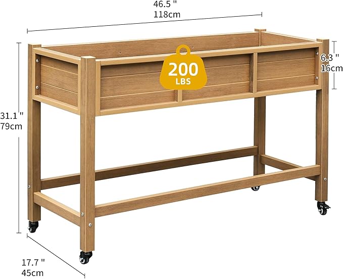 DWVO 47x18x31in Raised Garden Bed HDPE, Weather-Resistant Poly Wood Planter Box Stand, Planter Box with Legs & Lockable Wheels, Elevated Garden Bed for Backyard Patio Balcony - Brown