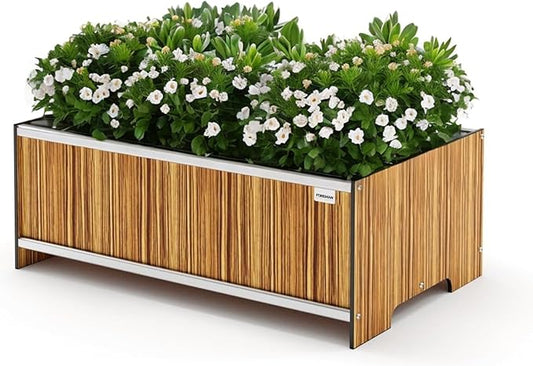 Foreman Raised Garden Bed 10 Year Warranty 36”Lx24”Wx14”H Premium Plastic Wood Grain Aluminum Frame Elevated Planter Box for Backyard Patio Balcony, Zebrano