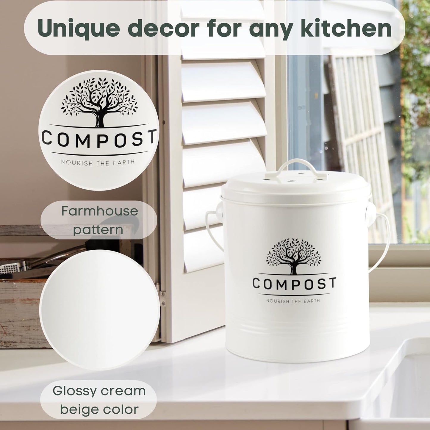 Perfnique Kitchen Compost Bin, 1.3 Gallon Countertop Compost Bin with Lid, Indoor Compost Bucket Includes Inner Bucket Liner and Carbon Filter, Small Compost Bin with Trash Bags (with Bags, Cream)
