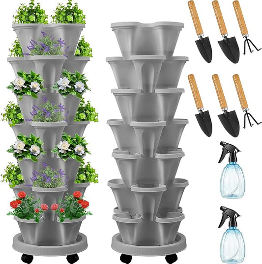 Umigy 2 Set of 7 Tier Vertical Planter Stackable Tower Planters Strawberry Herb Flower and Vegetable Pots Indoor Outdoor Gardening Pots with Removable Wheels and Tools(Light Gray)