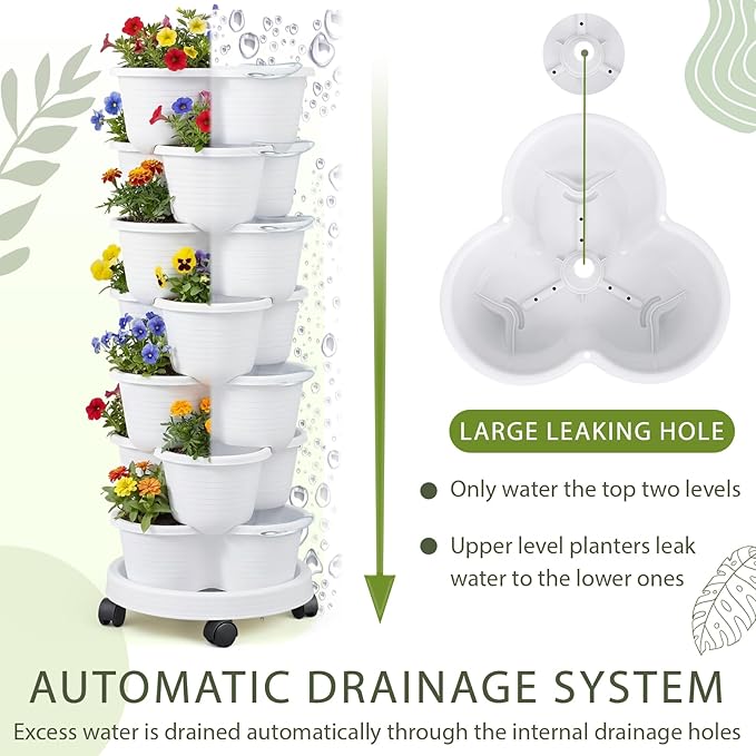 Umigy 2 Set White 7 Tier Stackable Vertical Planters with Removable Wheels and Tools Tower Planters Strawberry Herb Flower Vegetable Pots Indoor Outdoor Gardening Pots
