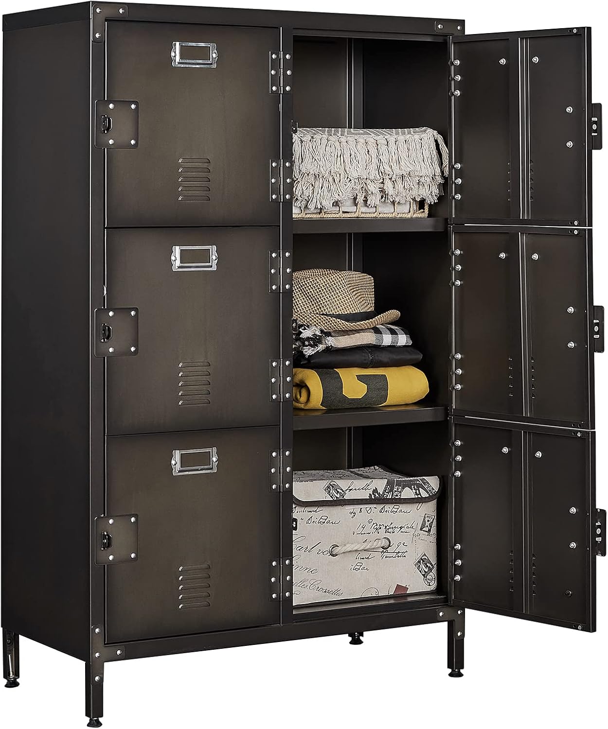 Metal Locker Storage Cabinet, 47.3" Employees Locker with 6 Doors, Steel Retro Wardrobe with Adjustable Feet for Home, Office, Gym, School