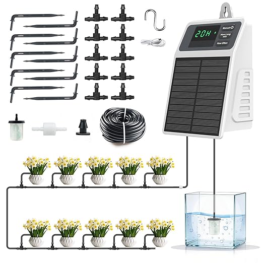 Automatic Solar drip Irrigation System (Solar/USB-C Dual Power), DIY Solar Watering System with Programmable Timer for 15 Potted Plants, IPX5 Auto Watering Kit for Indoor, Balcony, Garden & Vacation