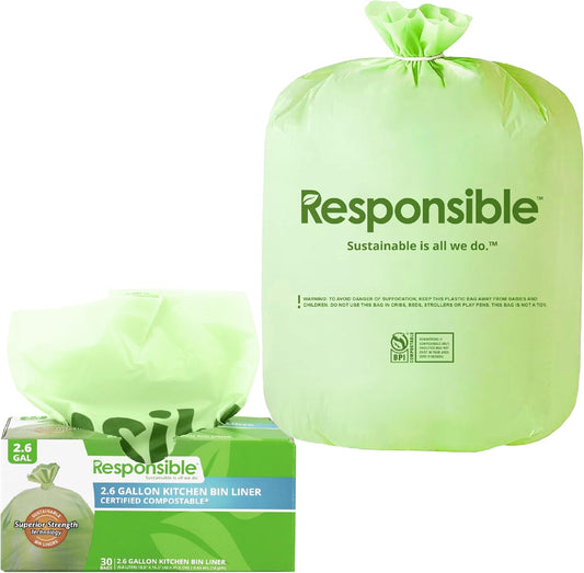Kitchen Bin Liners, Certified Compostable, Heavy Duty Multipurpose Food Scrap Bags, Made from Compostable Materials (2.6 Gallon Flat Top, 2.6 Gallon (30 Count))