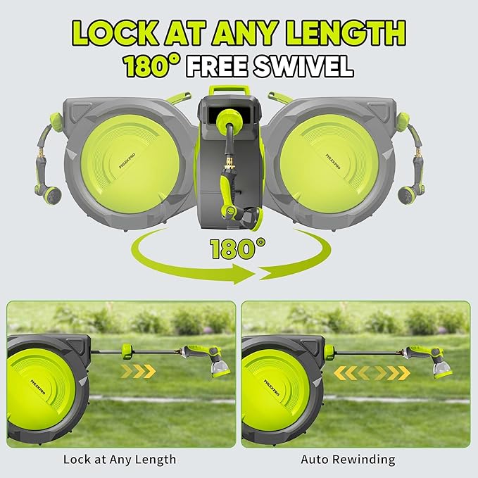 160 FT x 1/2" Retractable Garden Hose Reel - Phlexpro Heavy Duty Automatic Wall Mount Hose Reel with 3/4in Brass Fitting,10 Pattern Nozzle, Any Length Lock Slow Retraction 180° Swivel
