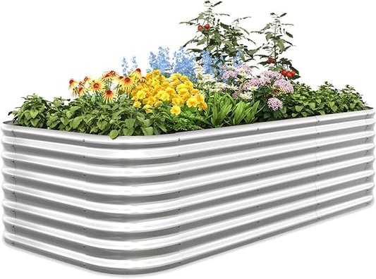 Quictent Galvanized Tall Raised Garden Bed Kit, 8x4x2 ft Oval Large Planting Box, for Vegetables Outdoor Strengthened by Crossbar (Silver)