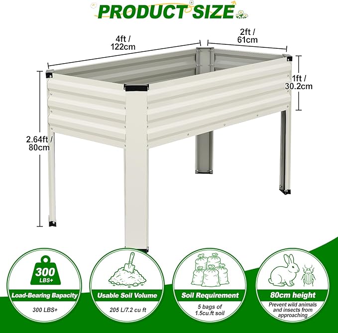 Galvanized Raised Garden Bed with Legs 2 Pack, 48x24x32in Elevated Raised Garden Bed Outdoor with Drainage Holes, Planter Boxes for Gardening Vegetable Flower Fruit in Backyard, Patio, Balcony (White)
