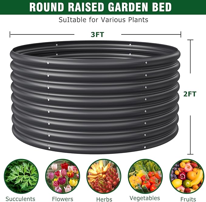 FRIZIONE 2-Pack 3FT(D) x2FT(H) Round Raised Garden Bed Outdoor, Raised Garden Beds for Flower, Raised Planter Box Outdoor for Herb, Vegetable-Gray