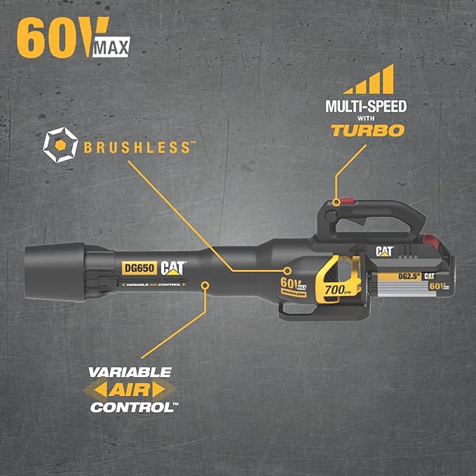 Cat DG650.9 60V 700 CFM 135 MPH Leaf Blower Cordless, Adjustable Speed Blowers for Lawn Care, Lightweight Cordless Leaf Blower with Variable Air Control – Tool Only
