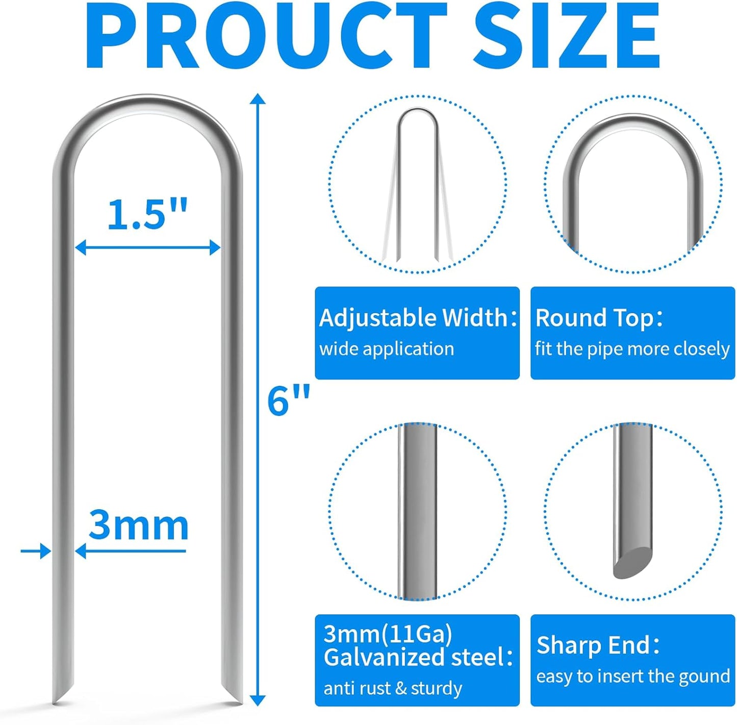 MySit 100 Pack 6 Inch Garden Stakes Heavy Duty 11 Gauge Galvanized Yard Staples U Pegs Fences Drip Irrigation Securing Stakes 1/2-Inch to 1-5/8-Inch Loop Stake for Anchoring Lawn Drippers Soaker Hose