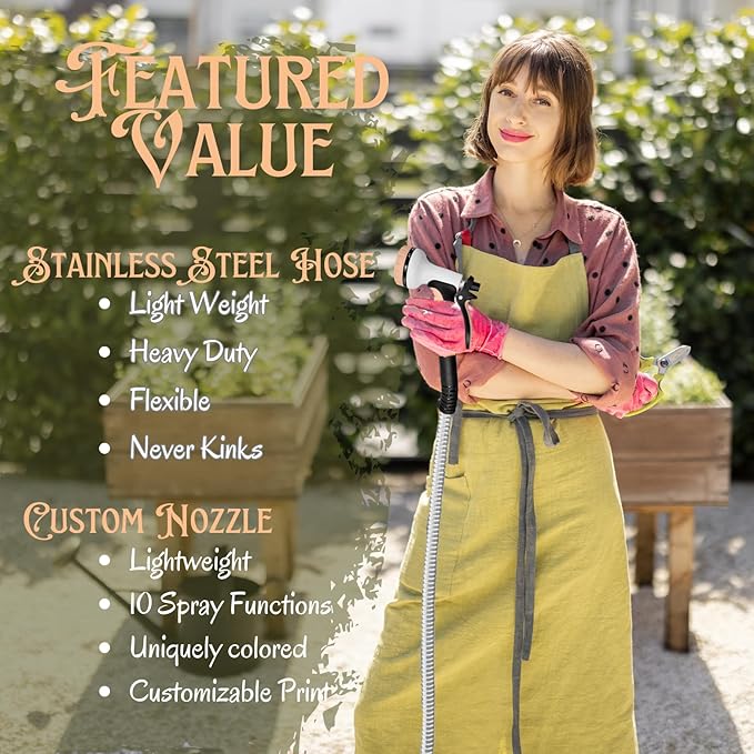 Garden Hose 100 FT, Metal Stainless Steel Water Hose with 10 Function Nozzles, No Kinks, Flexible Hose, Lightweight, Puncture Proof, Heavy Duty Hose for Yard and Outdoor