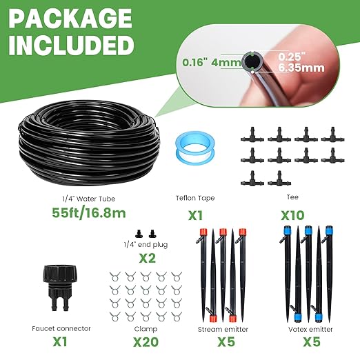 55ft Drip Irrigation System Kit, Garden Watering System DIY Automatic Irrigation Equipment Set for Lawn Raised Bed Greenhouse Plant Watering with 1/4'' Tubing, Drip Emitters, Connectors