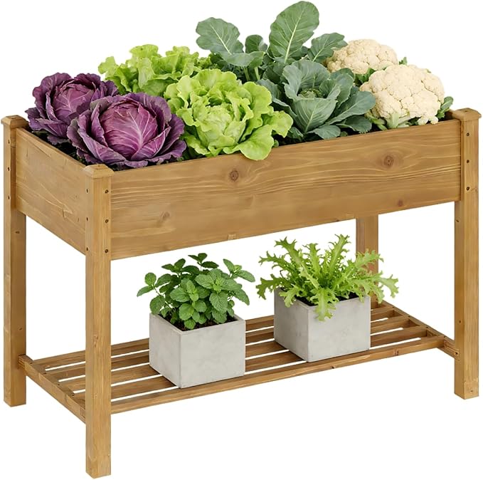 Raised Garden Bed with Legs Wood Elevated Planter Box Gardening Outdoor Planter Box Patio Kit Planting Bed for Vegetables Flowers Herbs Outdoor for Patio Balcony Backyard 48x24x30.7in (Brown, M)