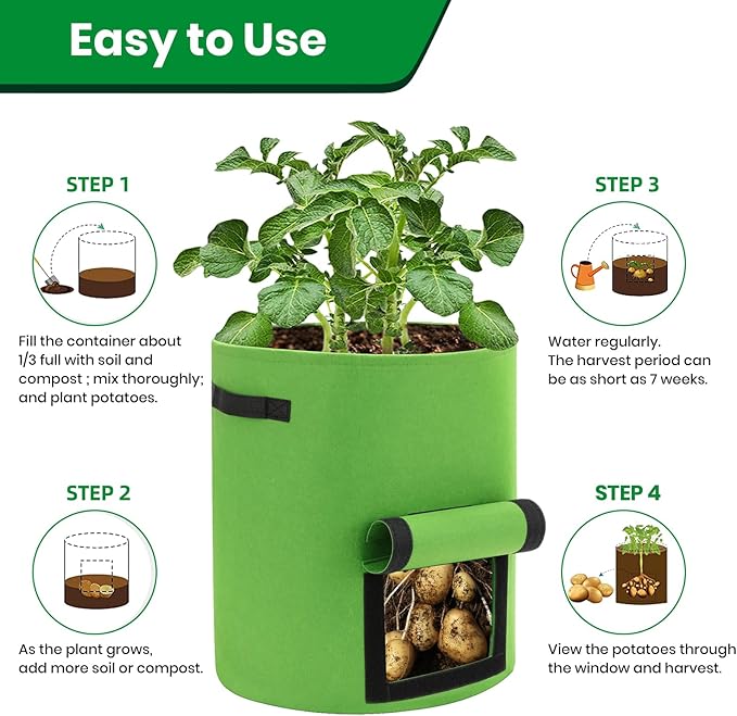 6 Pack Potato Grow Bags, 10 Gallon Planting Bags Large Fabric Pots with Flap Window Vegetable Planter Garden Pot Tall Potato Growing Containers with Handles for Vegetables, Fruits and More, Green